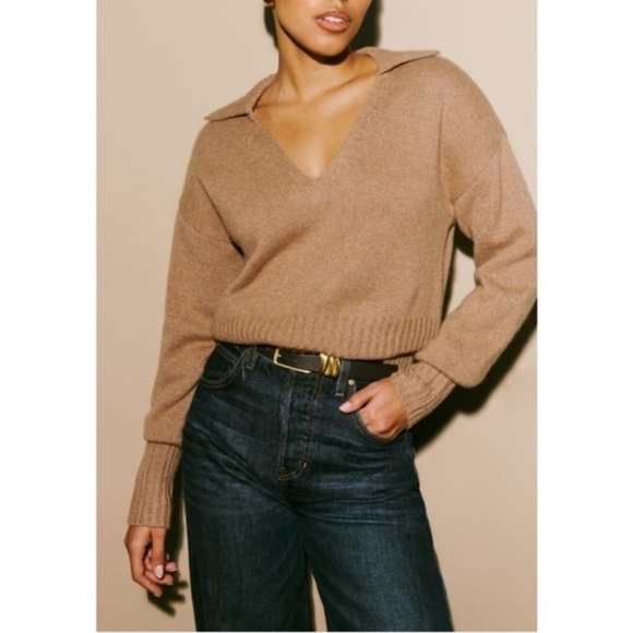 Reformation Camel Collared V-Neck Sweater Size L - Picture 1 of 7